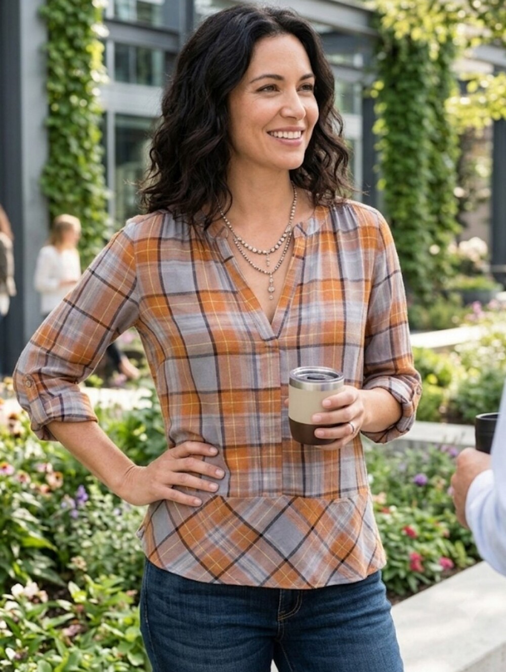 Sundance 100% Silk Plaid V Neck Autumn Roll Sleeve Boho Prairie Country Blouse
